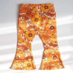 70s Flower Power Jersey Knit Bell Bottoms