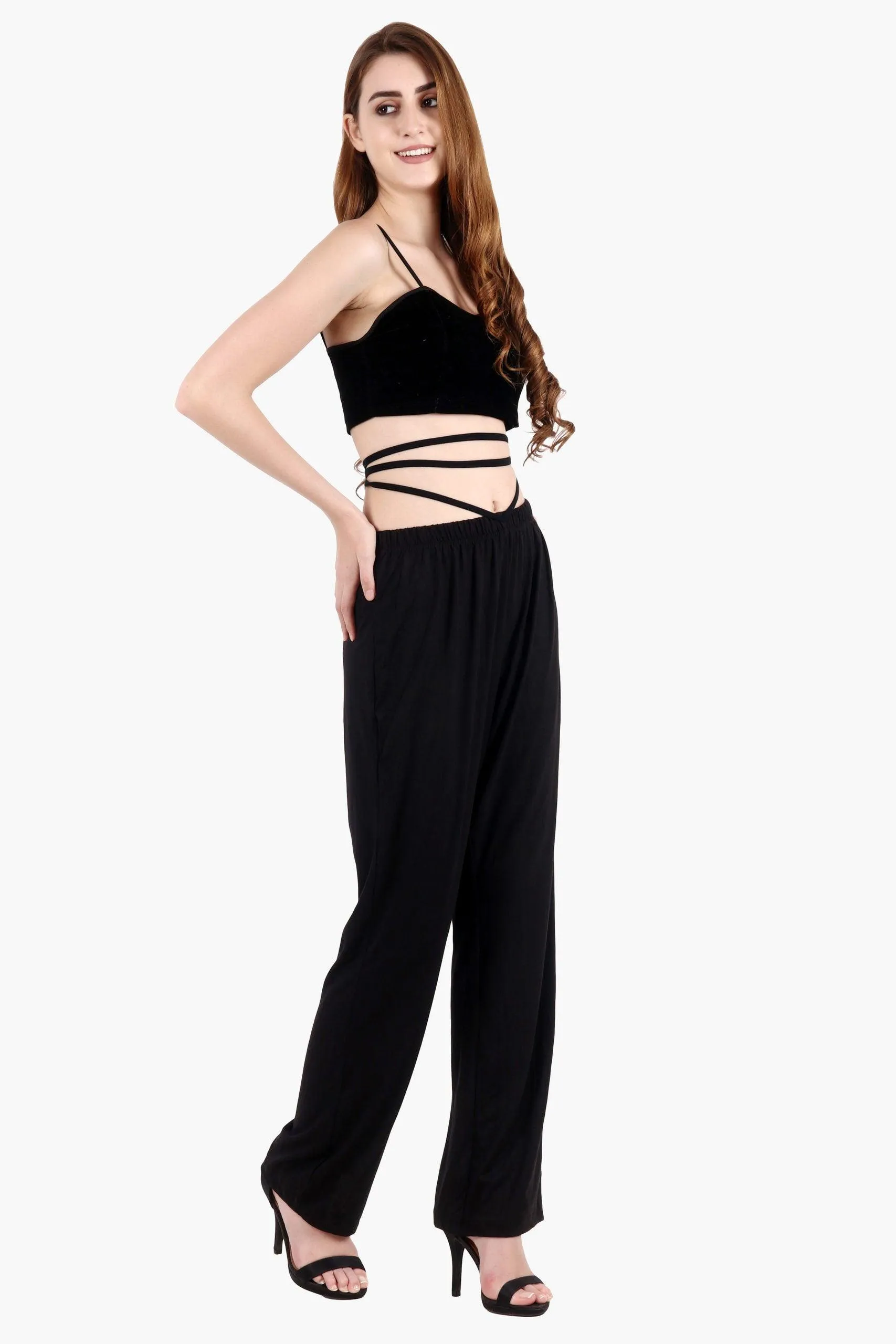 Black Solid Comfortable Loose Pyjamas with Tie Straps