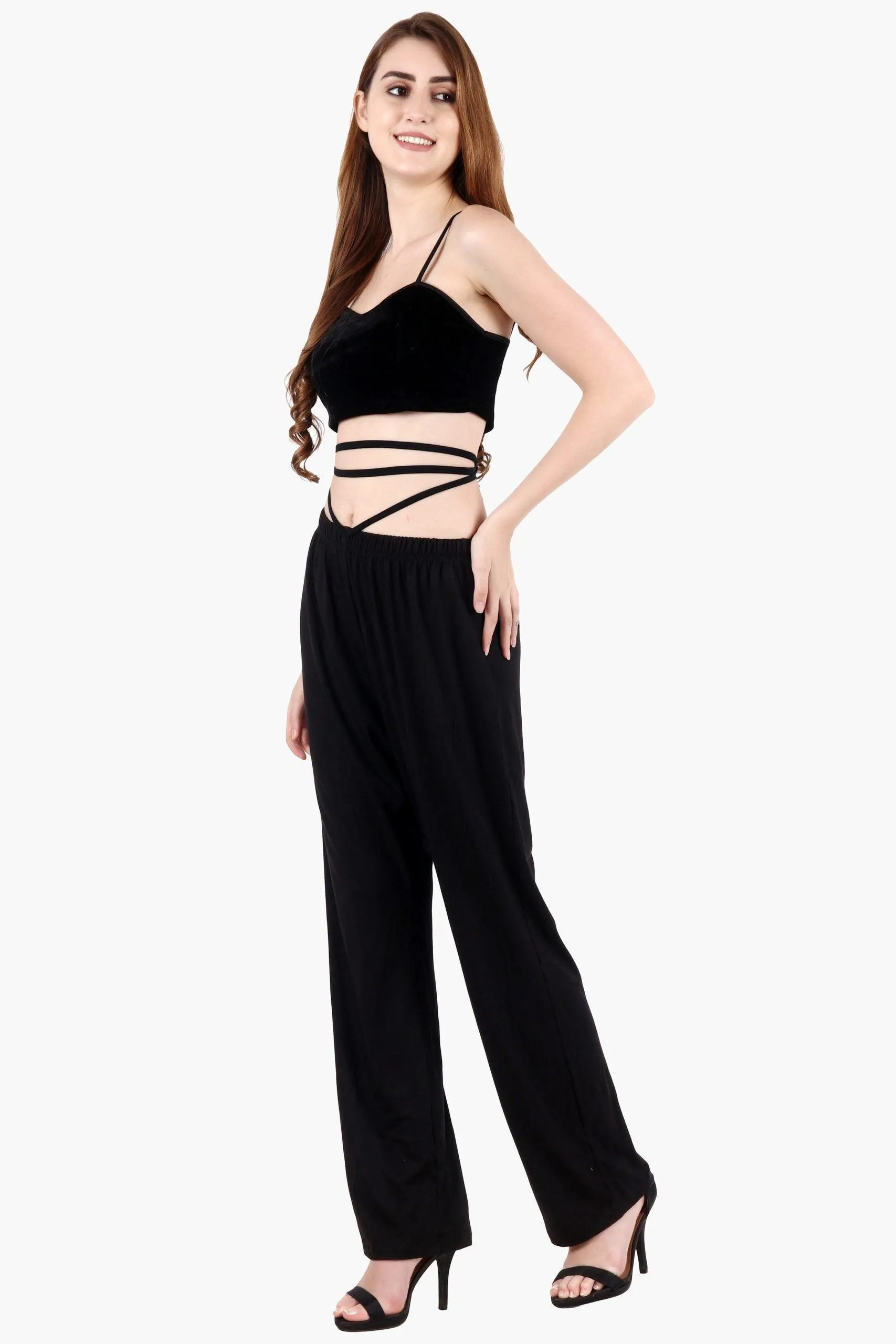 Black Solid Comfortable Loose Pyjamas with Tie Straps