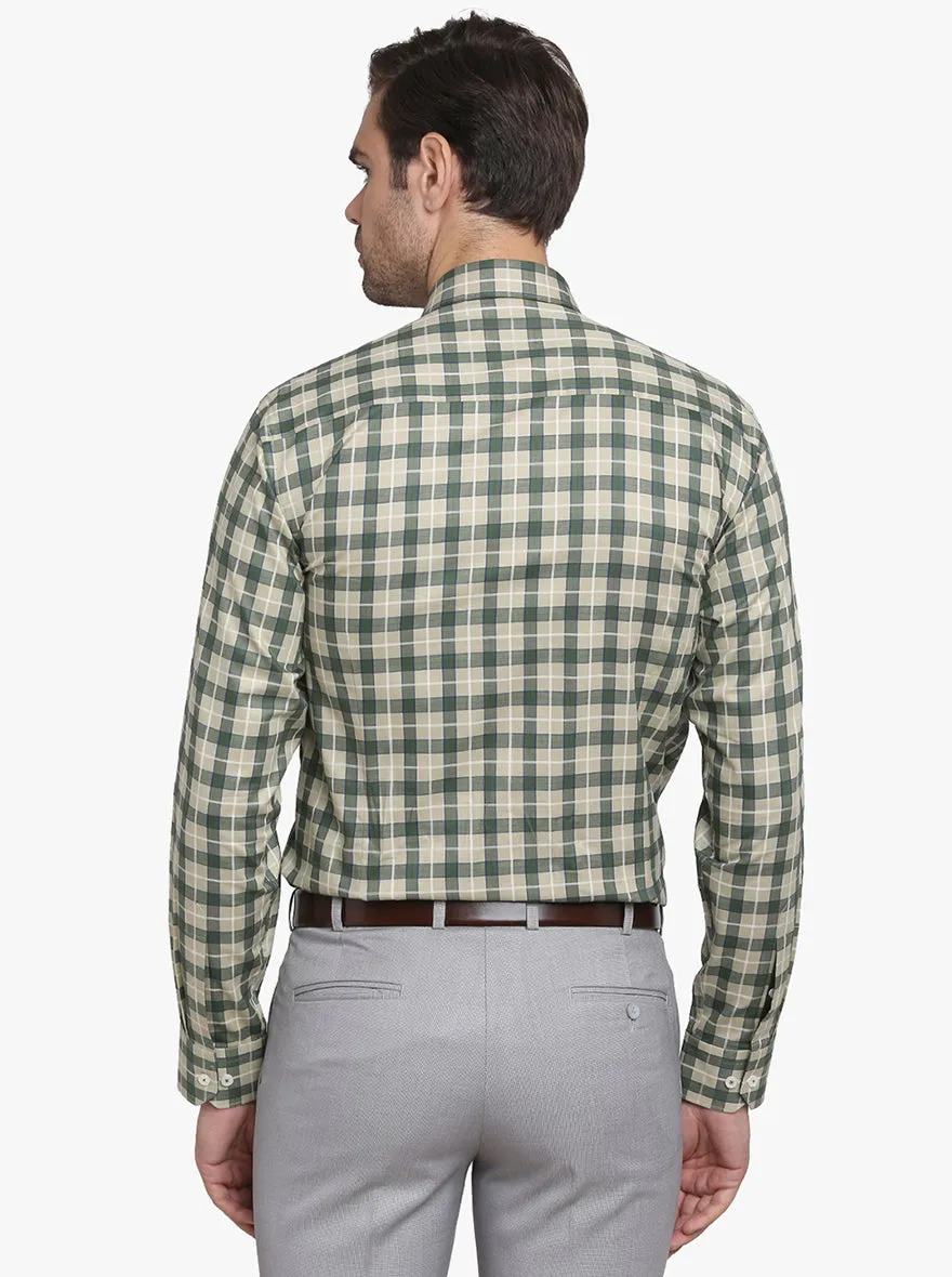 Cream & Green Checked Slim Fit Formal Shirt  | JadeBlue