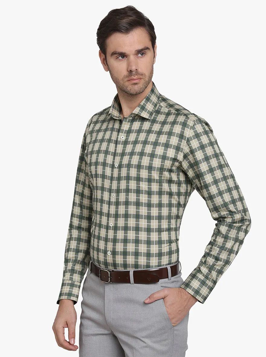 Cream & Green Checked Slim Fit Formal Shirt  | JadeBlue