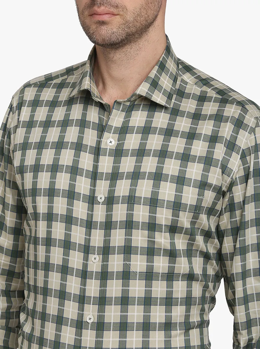 Cream & Green Checked Slim Fit Formal Shirt  | JadeBlue