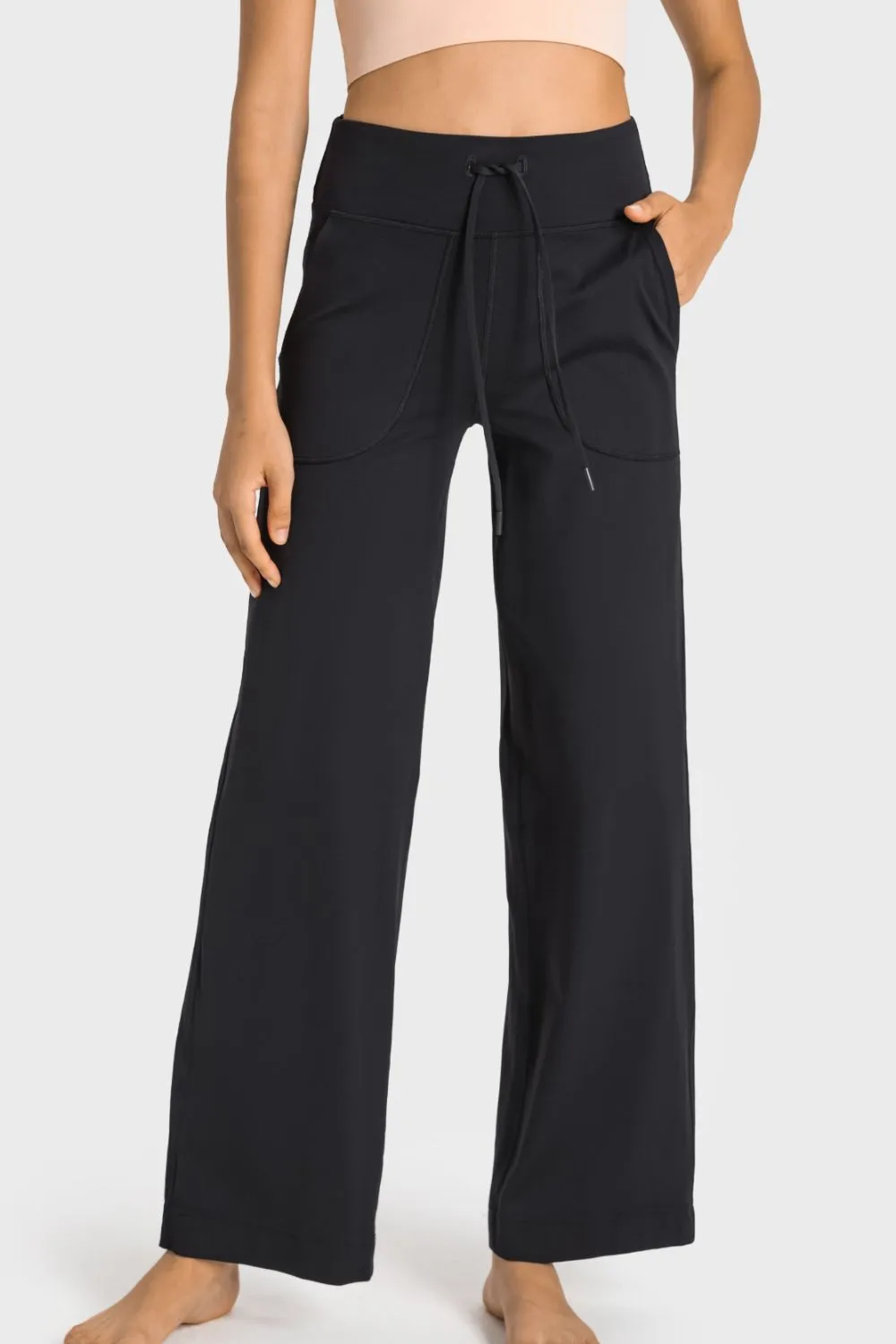 Drawstring Waist Wide Leg Sports Pants with Pockets