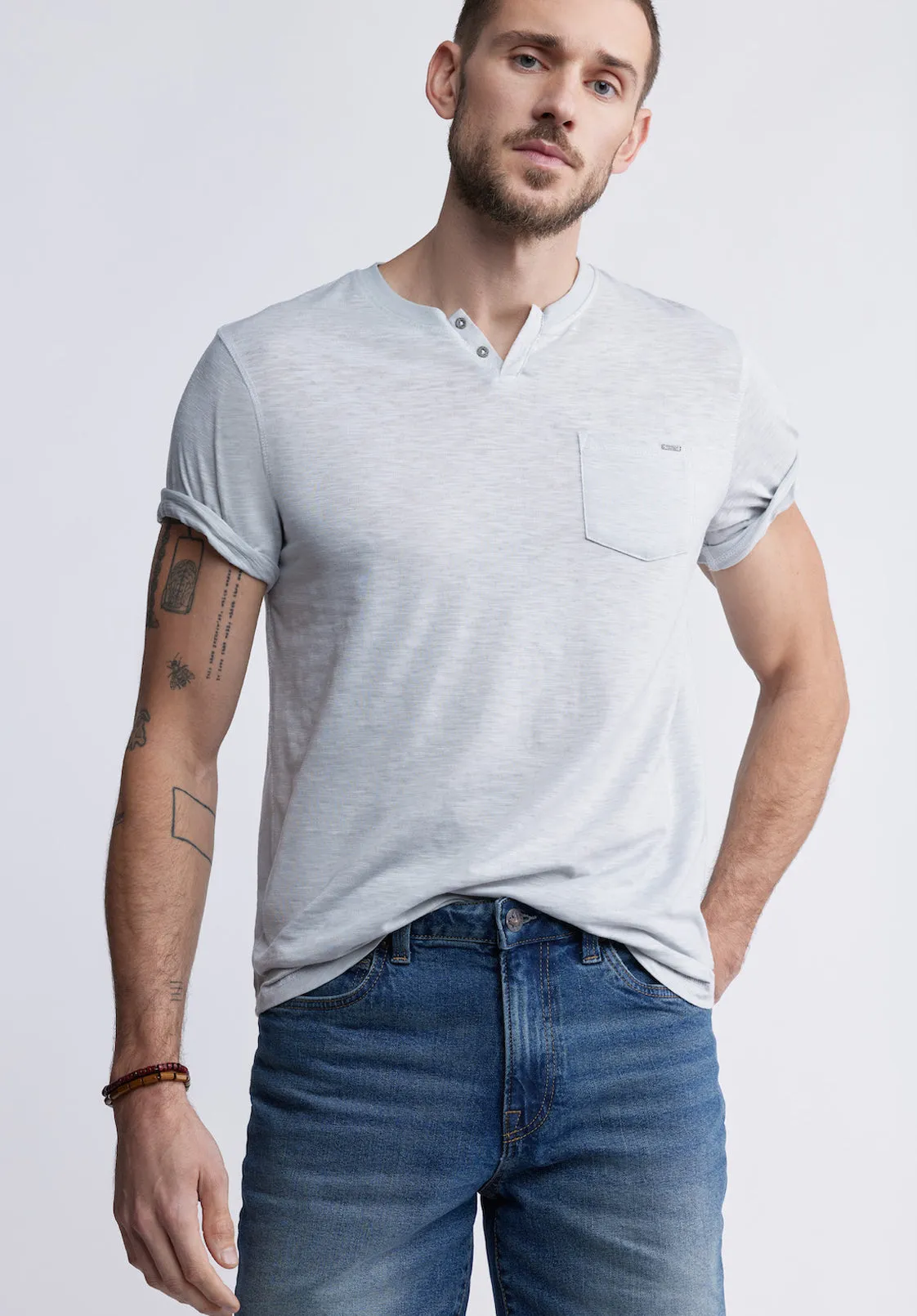 Kadyo Men's Pocket Henley Top in Charlie Grey - BM24345