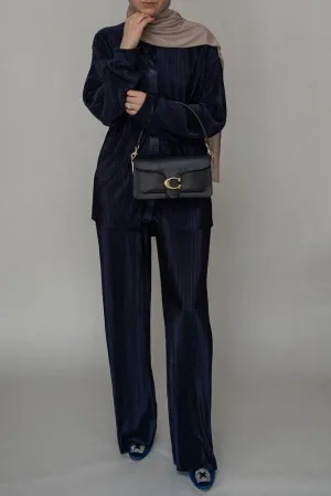 Kibaar pleated modest set with pants and shirt in navy dark blue