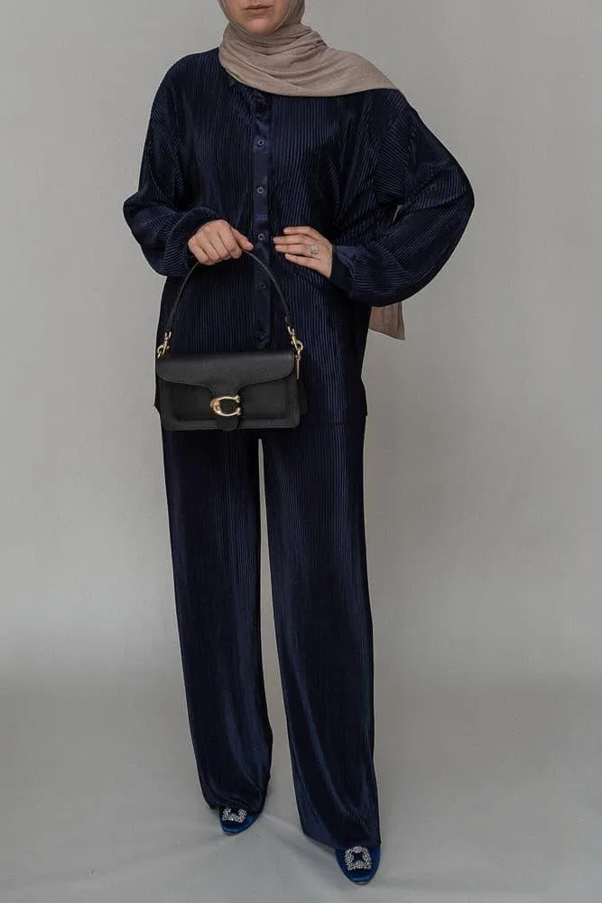 Kibaar pleated modest set with pants and shirt in navy dark blue