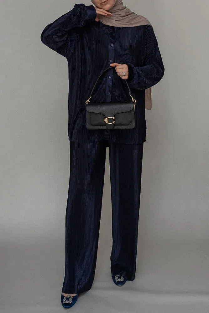 Kibaar pleated modest set with pants and shirt in navy dark blue