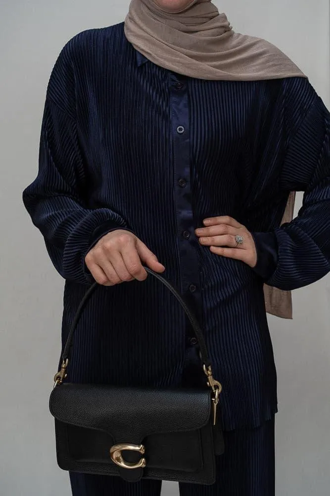 Kibaar pleated modest set with pants and shirt in navy dark blue