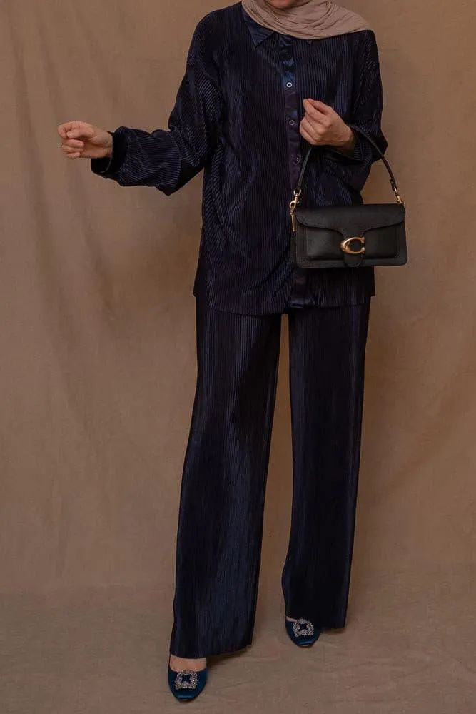 Kibaar pleated modest set with pants and shirt in navy dark blue