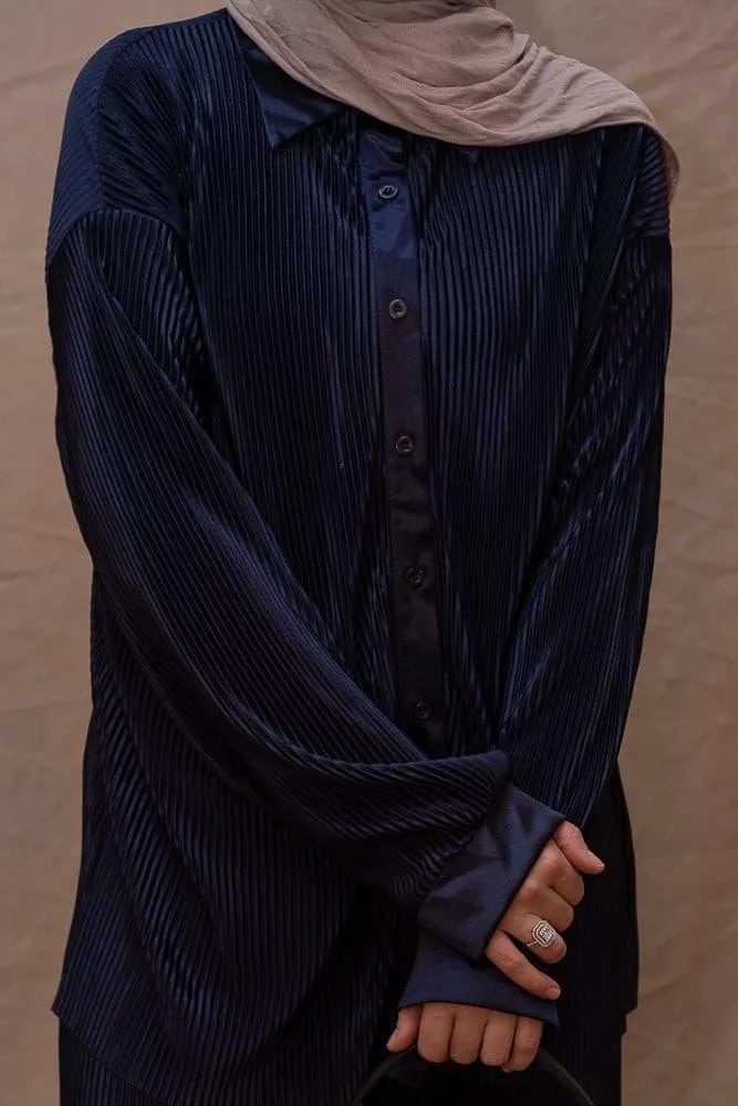 Kibaar pleated modest set with pants and shirt in navy dark blue