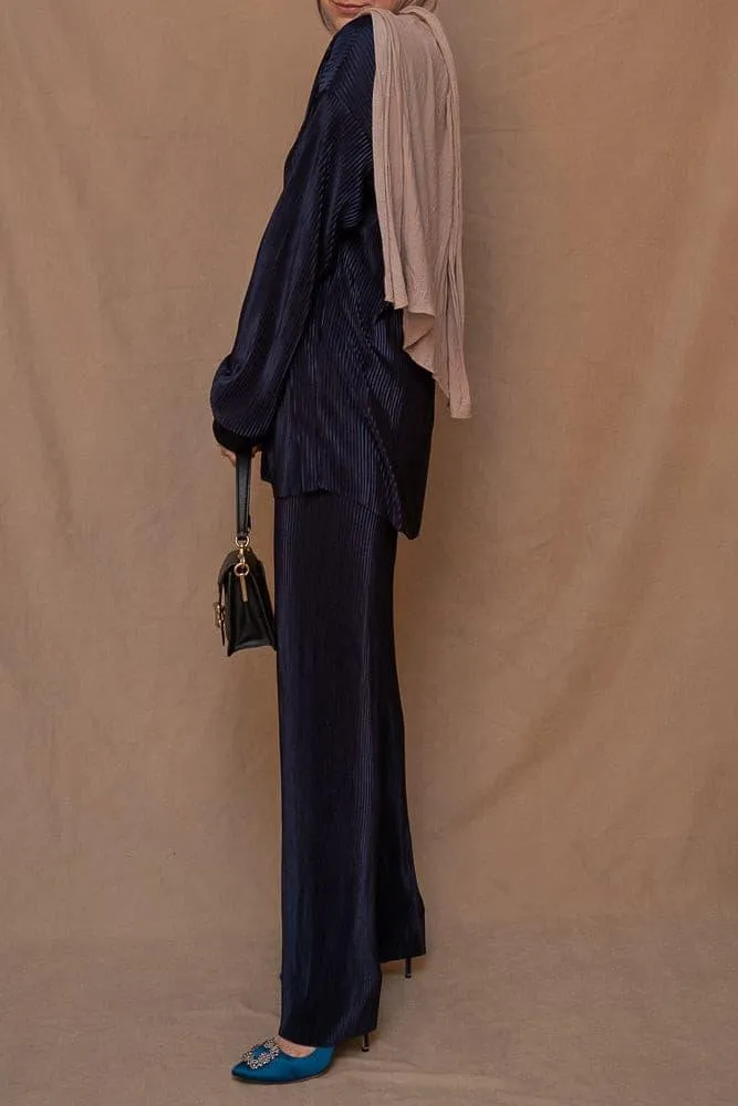 Kibaar pleated modest set with pants and shirt in navy dark blue