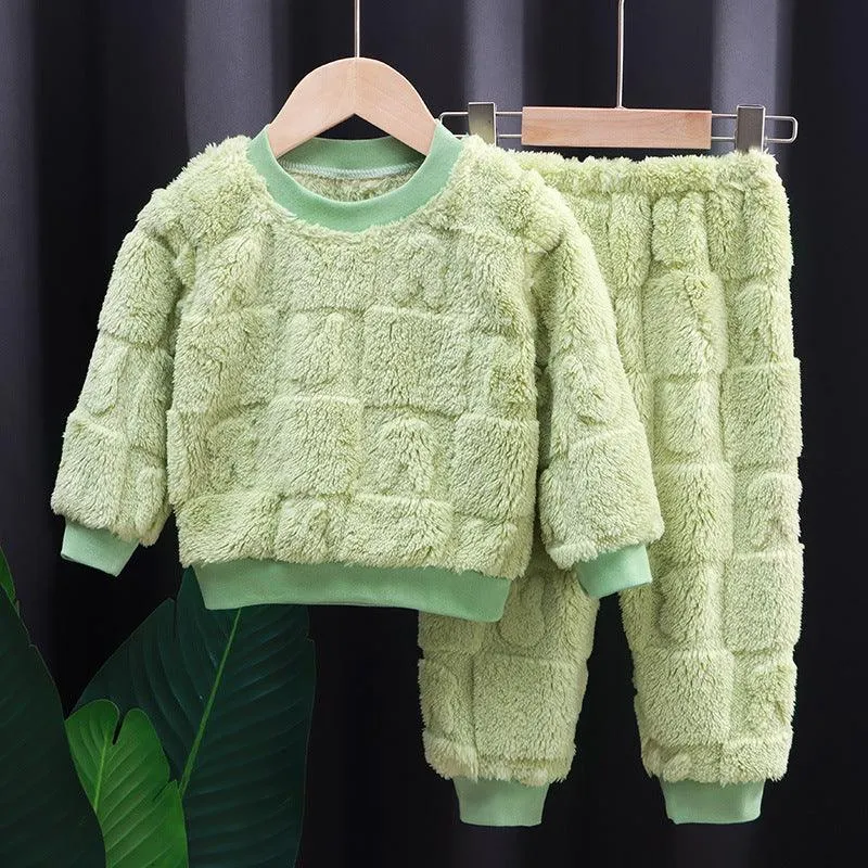 Korean Cozy Fleece Pajama Set – Solid Color Winter PJs for Kids