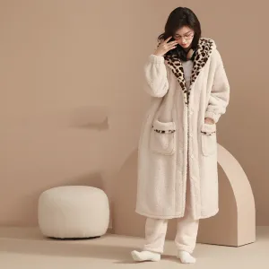 Korean Hooded Warm Female Long Robe Pajamas Plus Velvet