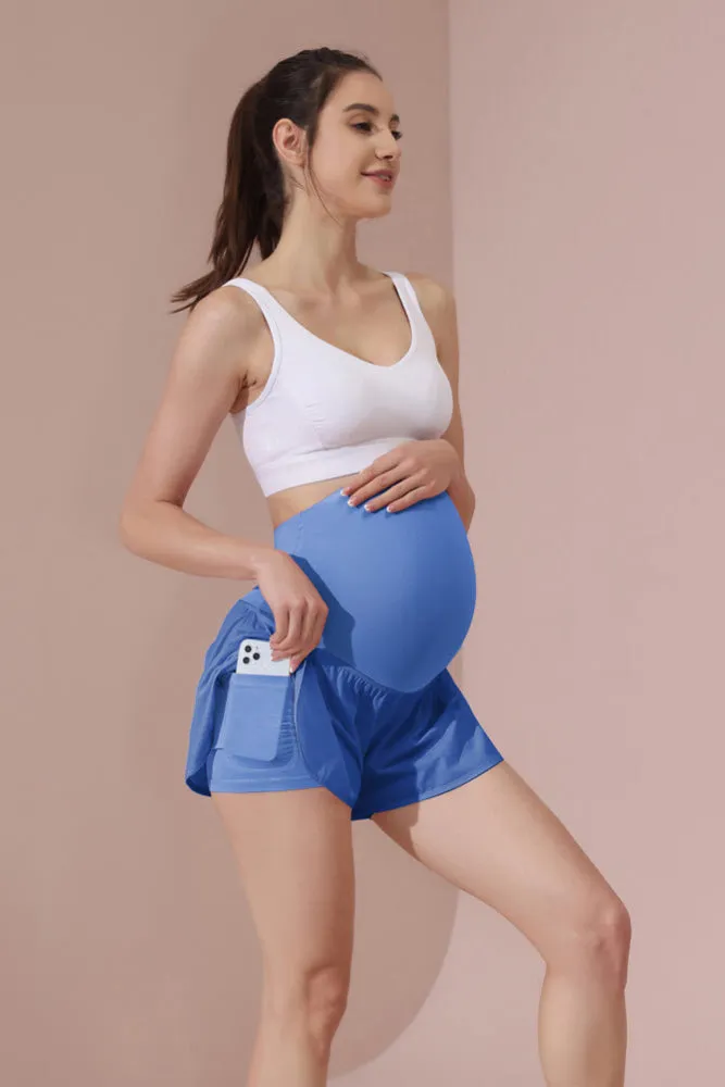 Maacie Azure Women Maternity Layered Fast Drying Yoga Shorts with Liner Inner Pocket