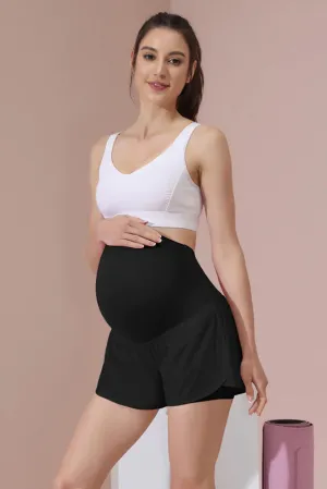 Maacie Black Women Maternity Layered Fast Drying Yoga Shorts with Liner Inner Pocket