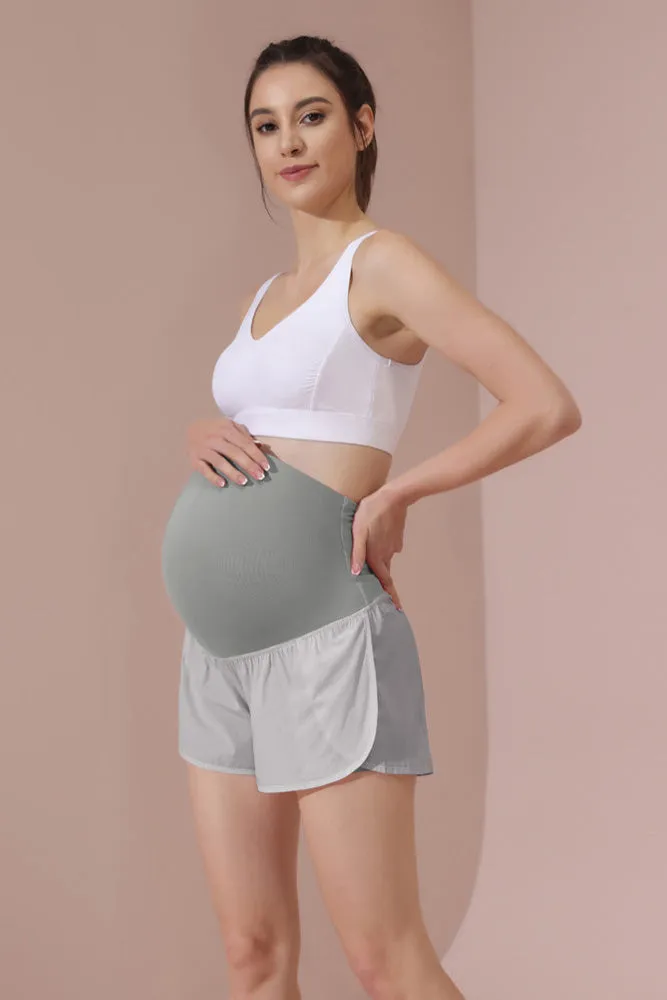 Maacie Gray Women Maternity Layered Fast Drying Yoga Shorts with Liner Inner Pocket