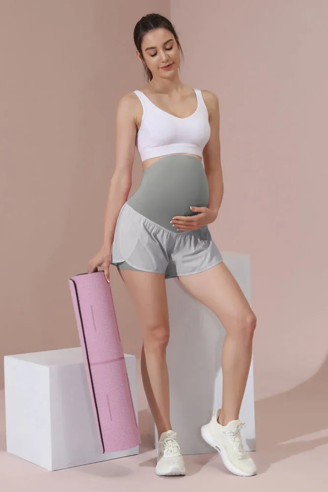 Maacie Gray Women Maternity Layered Fast Drying Yoga Shorts with Liner Inner Pocket