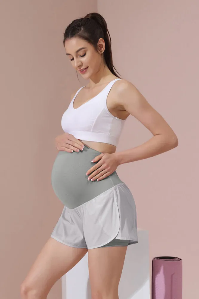 Maacie Gray Women Maternity Layered Fast Drying Yoga Shorts with Liner Inner Pocket