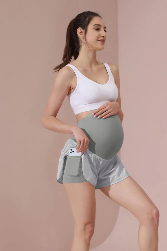 Maacie Gray Women Maternity Layered Fast Drying Yoga Shorts with Liner Inner Pocket