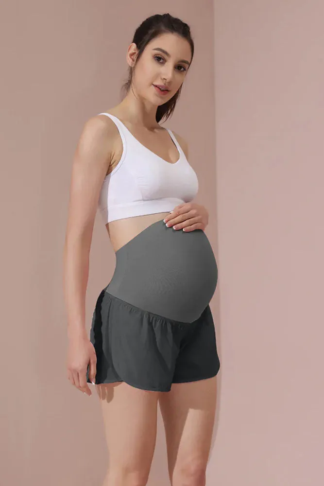 Maacie Grey Women Maternity Layered Fast Drying Yoga Shorts with Liner Inner Pocket