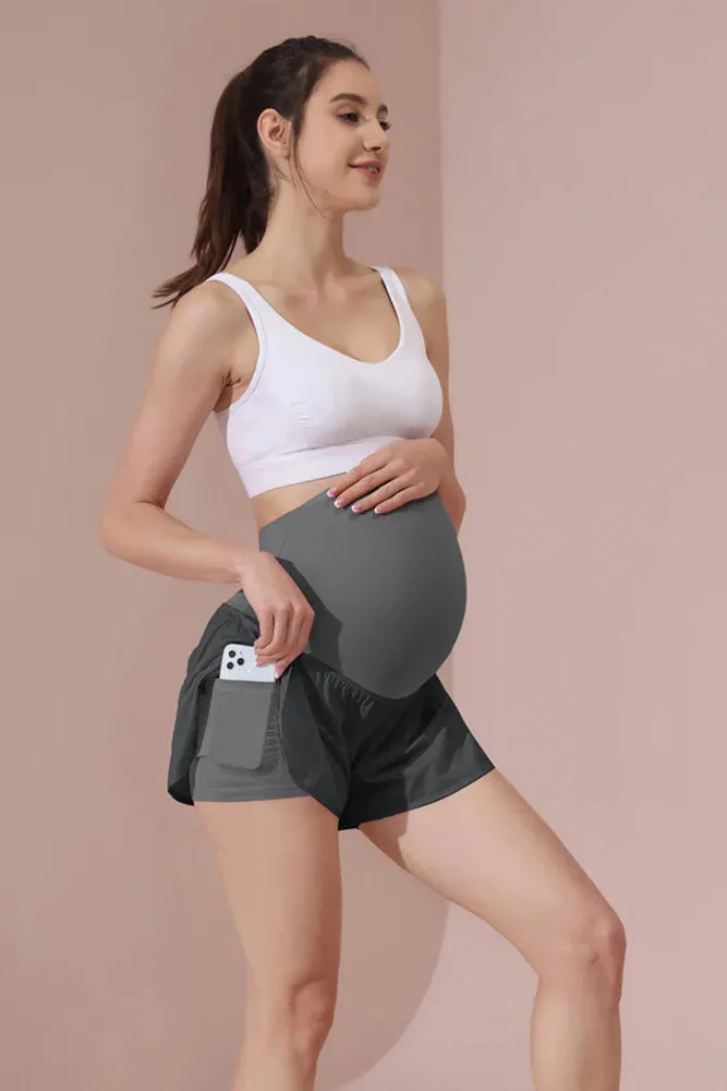 Maacie Grey Women Maternity Layered Fast Drying Yoga Shorts with Liner Inner Pocket