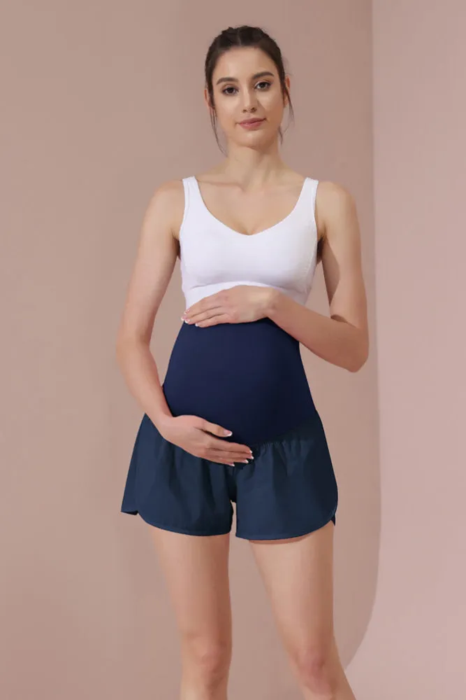 Maacie Navy Women Maternity Layered Fast Drying Yoga Shorts with Liner Inner Pocket