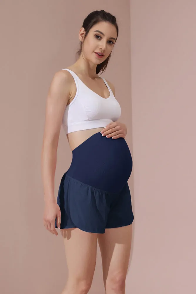 Maacie Navy Women Maternity Layered Fast Drying Yoga Shorts with Liner Inner Pocket