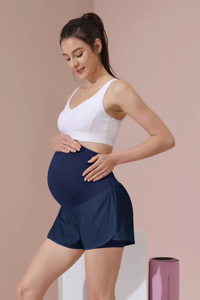 Maacie Navy Women Maternity Layered Fast Drying Yoga Shorts with Liner Inner Pocket