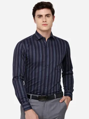 Navy Blue Striped Regular Fit Formal Shirt | JadeBlue