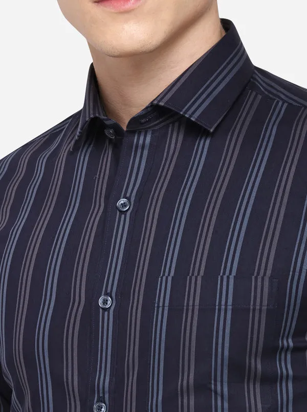 Navy Blue Striped Regular Fit Formal Shirt | JadeBlue