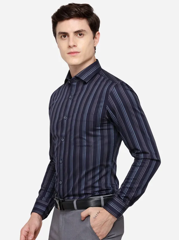 Navy Blue Striped Regular Fit Formal Shirt | JadeBlue