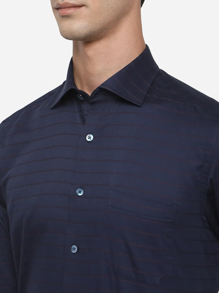 Navy Blue Striped Slim Fit Formal Shirt | Metal