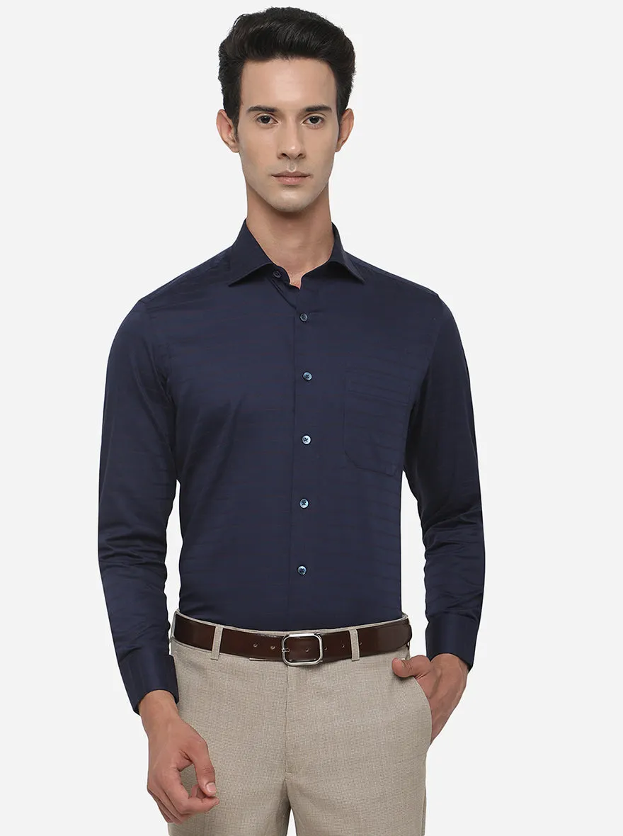 Navy Blue Striped Slim Fit Formal Shirt | Metal