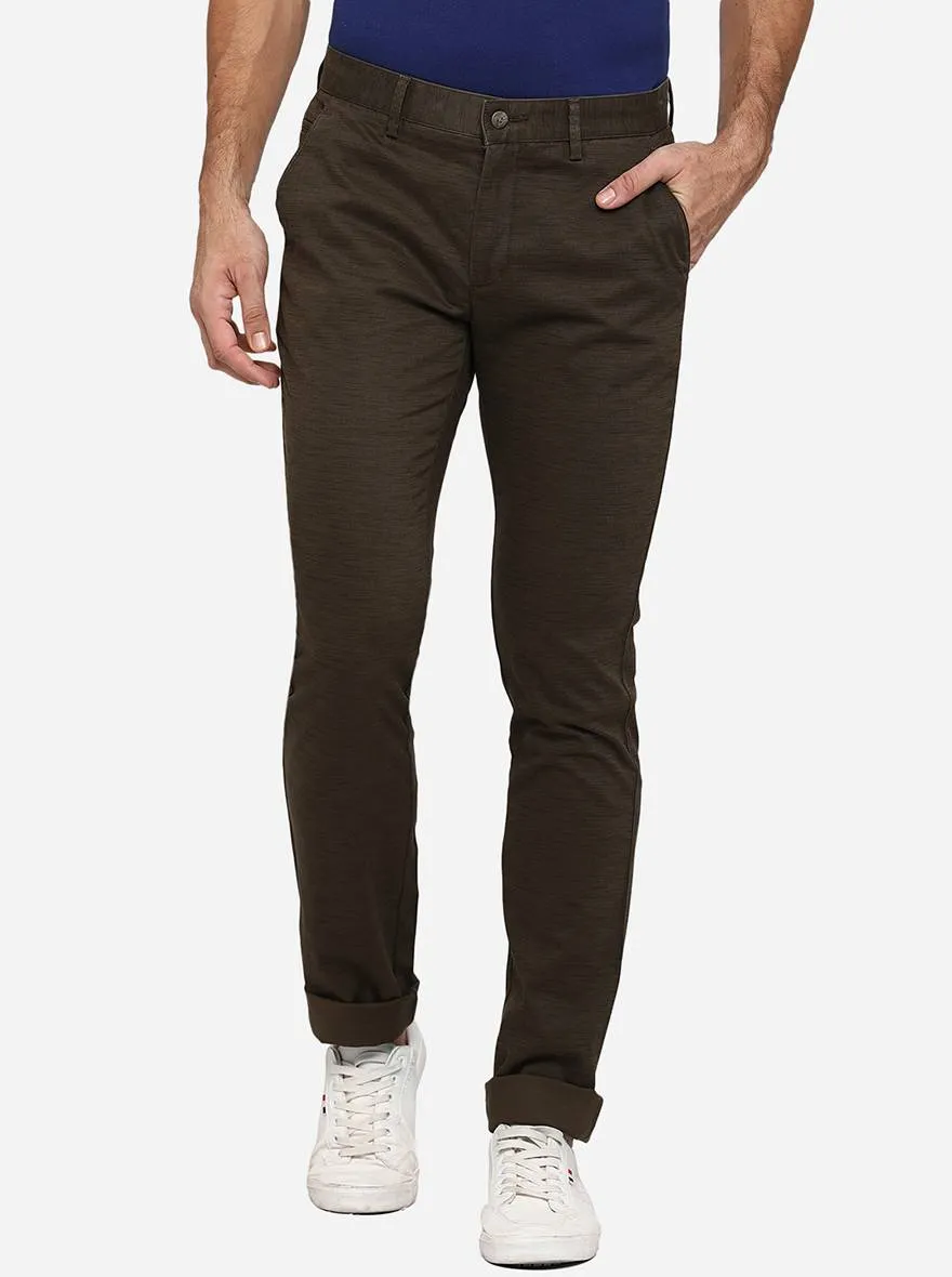 Olive Brown Solid Super Slim Fit Casual Trouser | Greenfibre