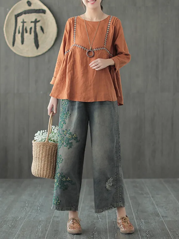 Original Embroidered Wide-Leg Column Jean Pants