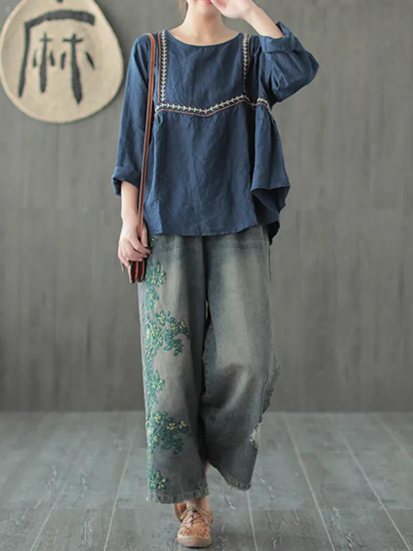 Original Embroidered Wide-Leg Column Jean Pants