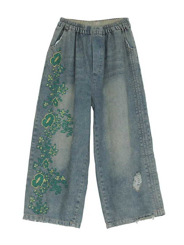 Original Embroidered Wide-Leg Column Jean Pants