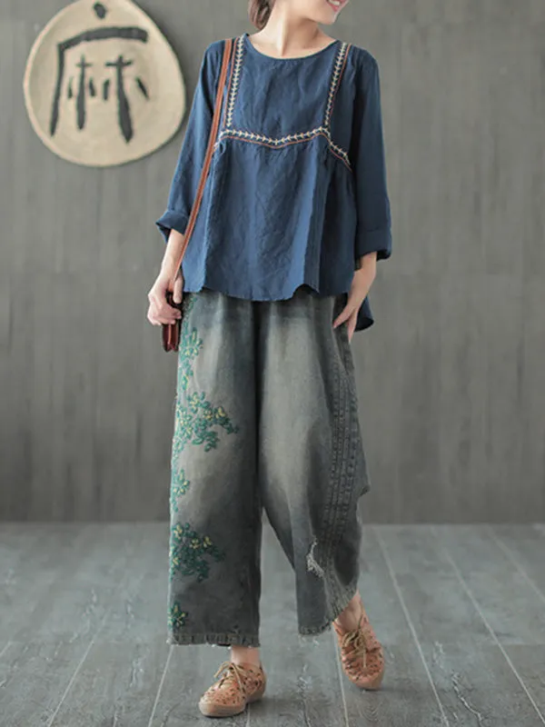 Original Embroidered Wide-Leg Column Jean Pants