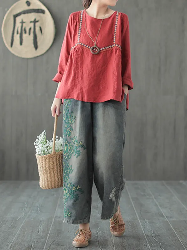 Original Embroidered Wide-Leg Column Jean Pants