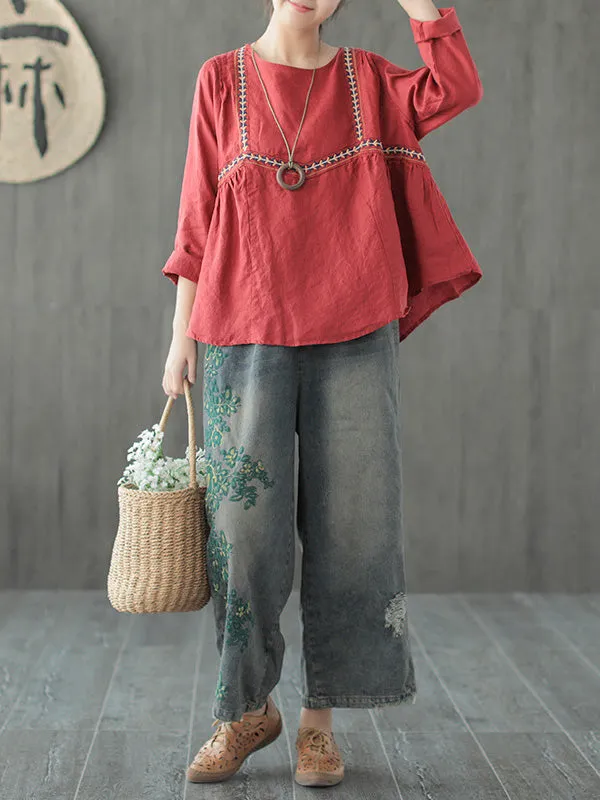 Original Embroidered Wide-Leg Column Jean Pants