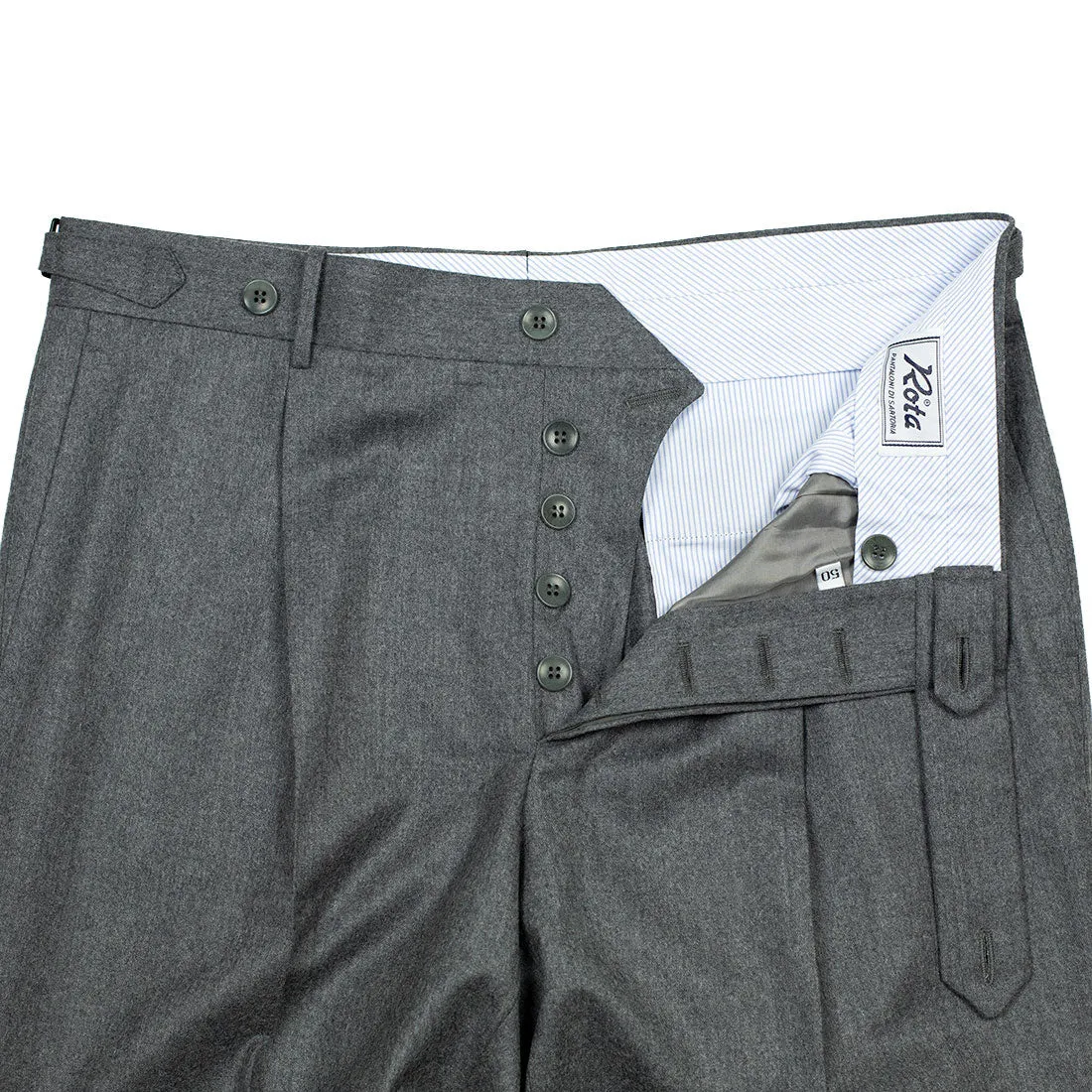 Pleated higher-rise grey wool worsted flannel trousers (restock)