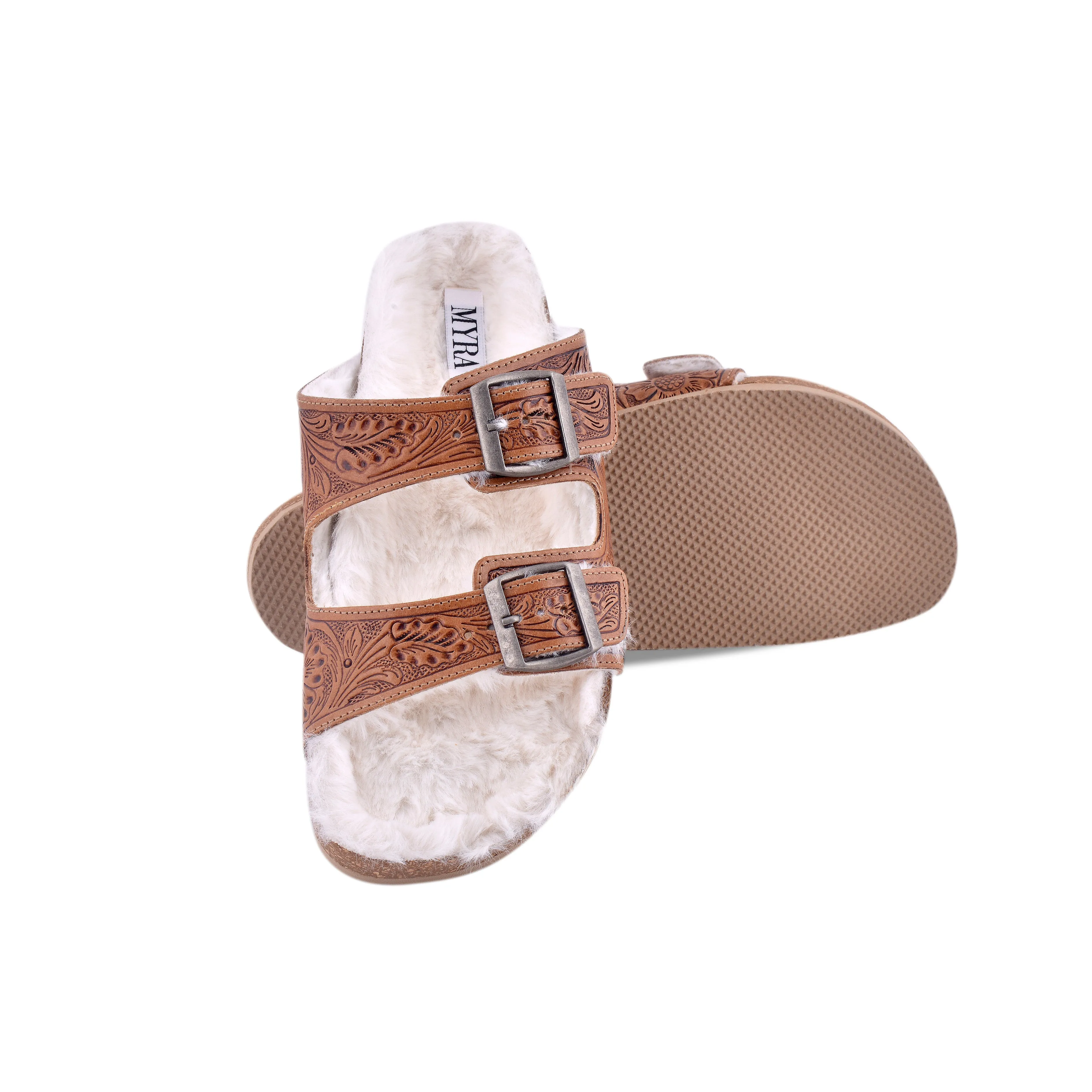 Prairie Winds Hand-tooled Fur Comfort Leather Sandals