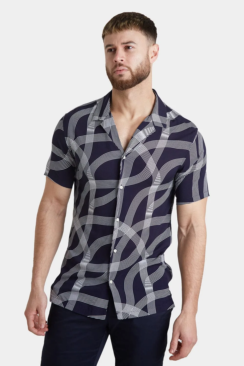 Printed Shirt in Navy Curved Stripe