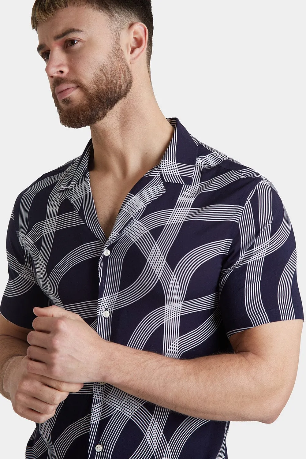 Printed Shirt in Navy Curved Stripe