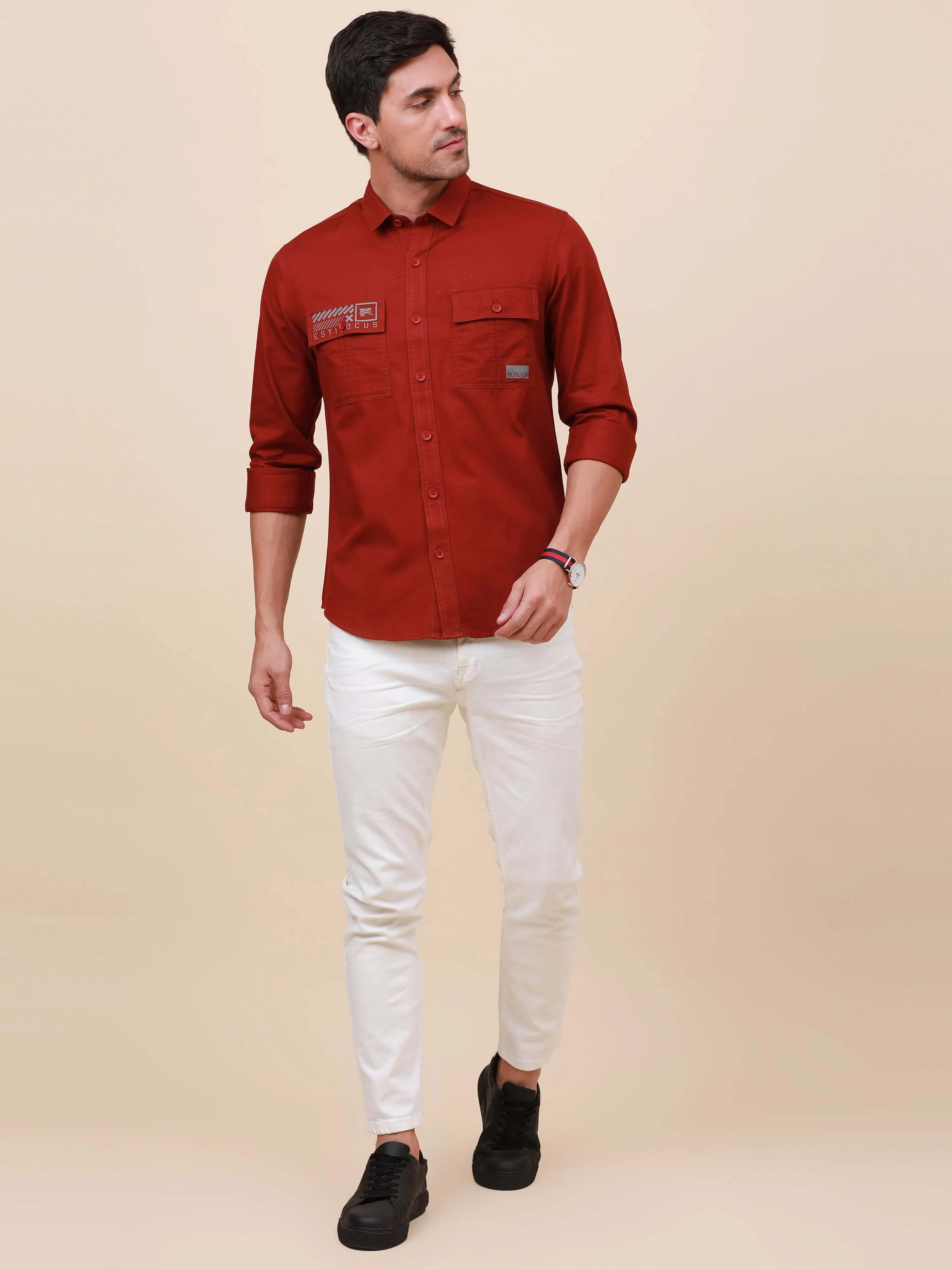 Rust Brown Solid Double 
Pocket Shirt