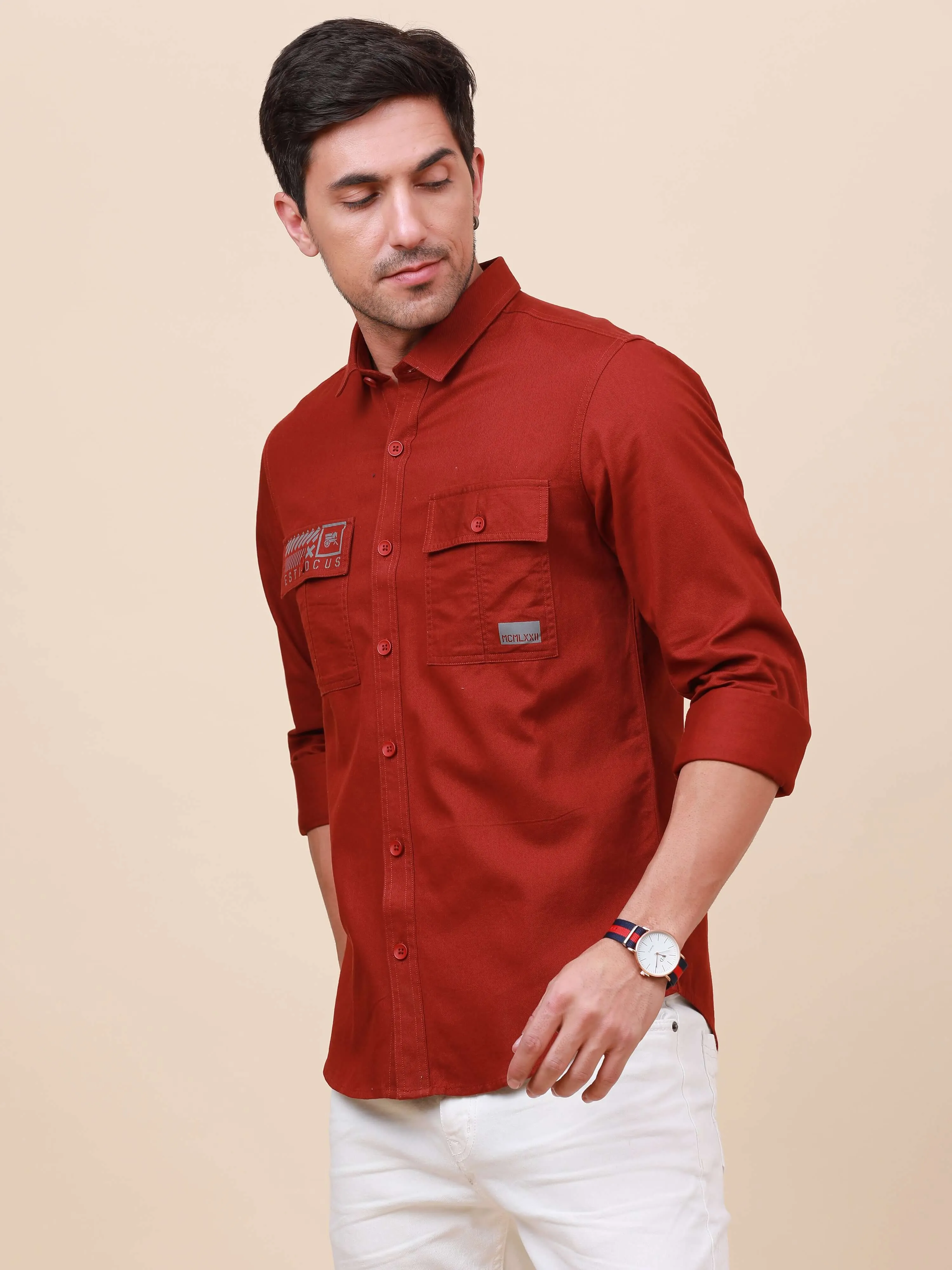 Rust Brown Solid Double 
Pocket Shirt