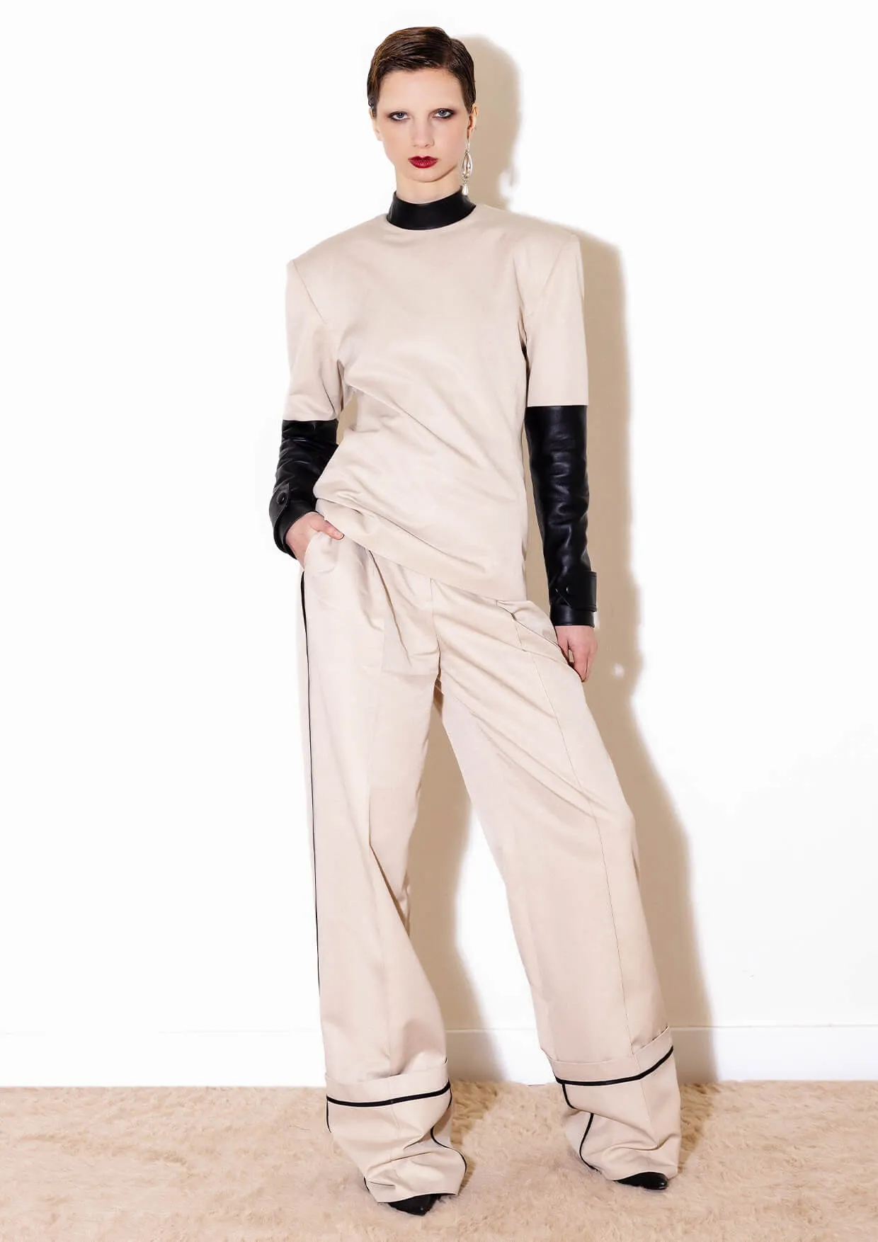 Wide-Leg Ribboned Cotton-Mix Trousers