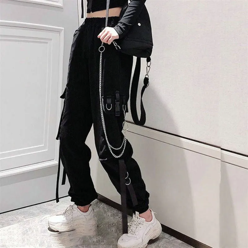 Women Cargo Pants Ribbon Pocket Jogger Elastic Waist Females Trousers