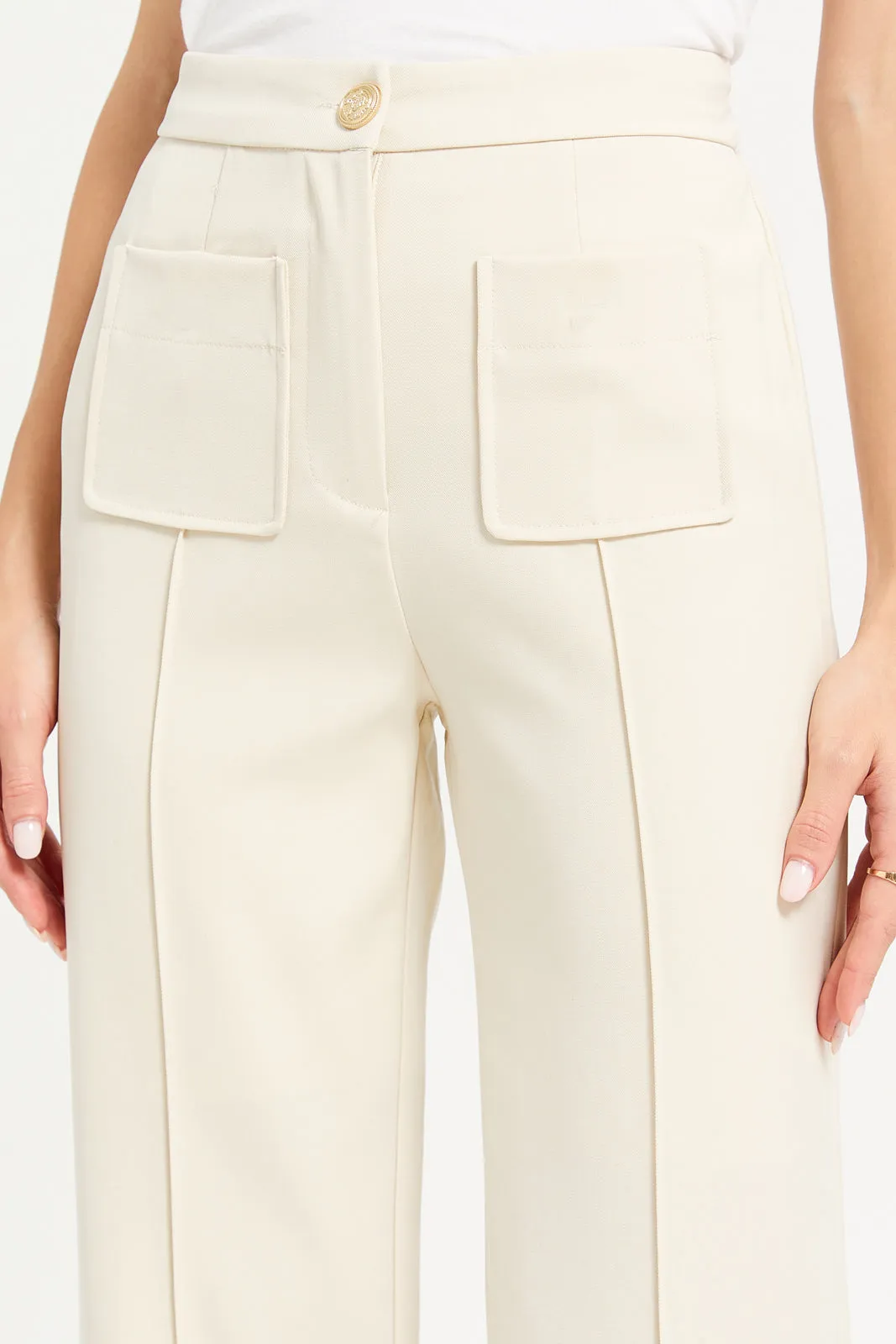 Women Ecru High Waisted Wide Leg Trouser