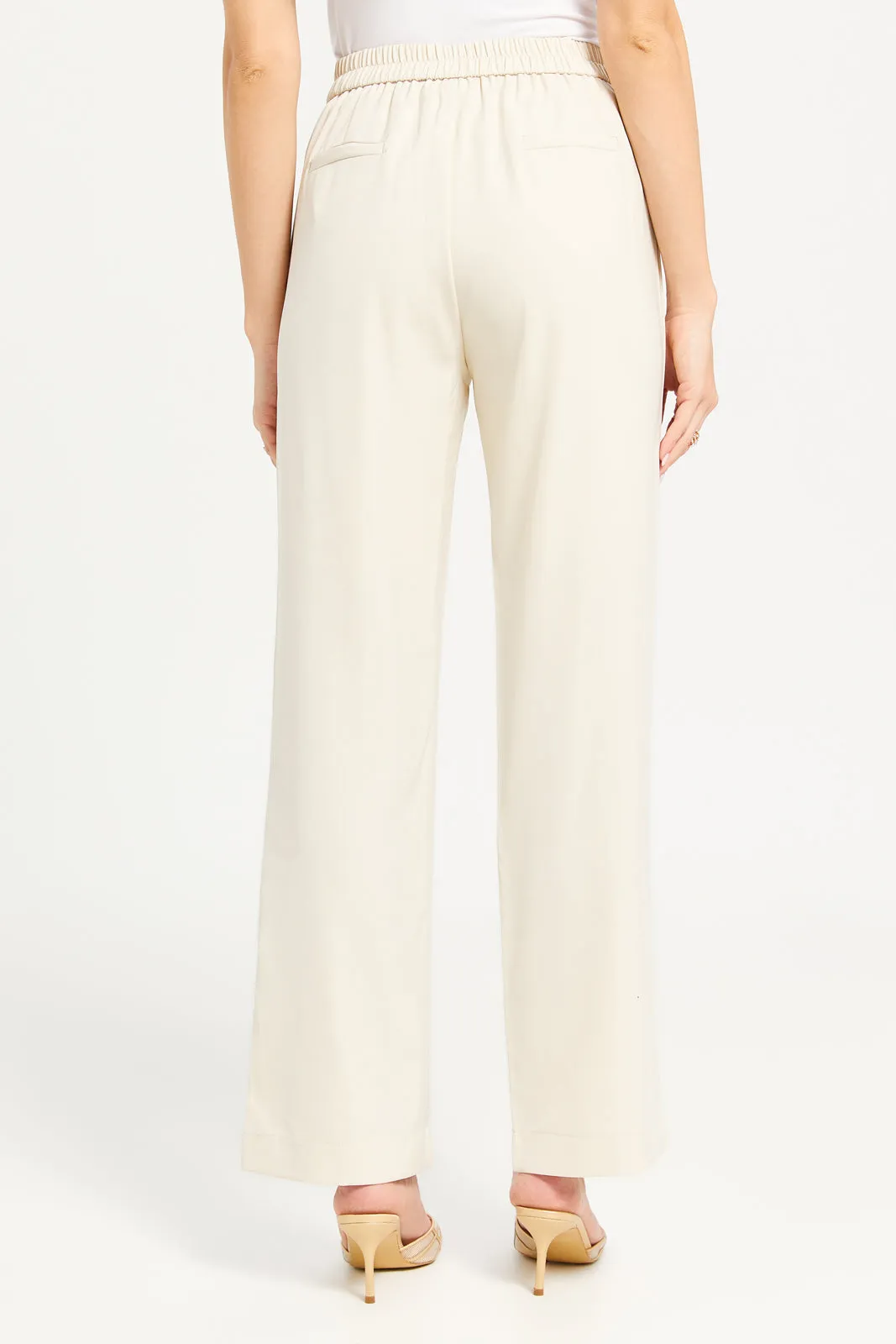 Women Ecru High Waisted Wide Leg Trouser